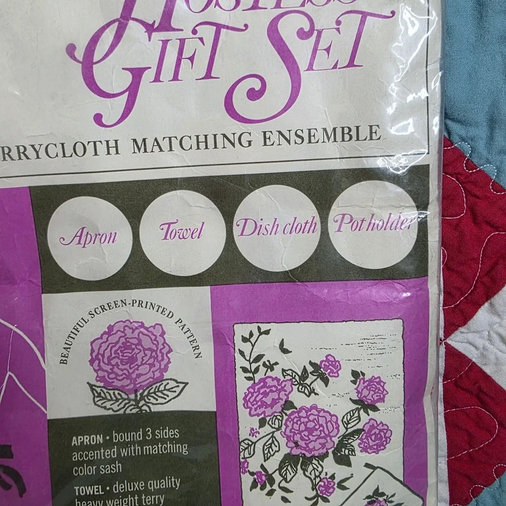 Excello Hostess Gift Set Terrycloth Floral Apron Towel Dish Cloth Pot Holder NOS